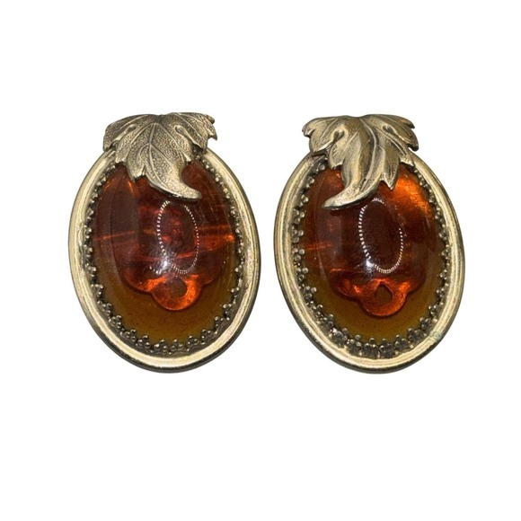 Vintage Whiting & Davis Amber Glass Leaf Cuff Bracelet Earrings Set Signed Gold - Picture 2 of 11